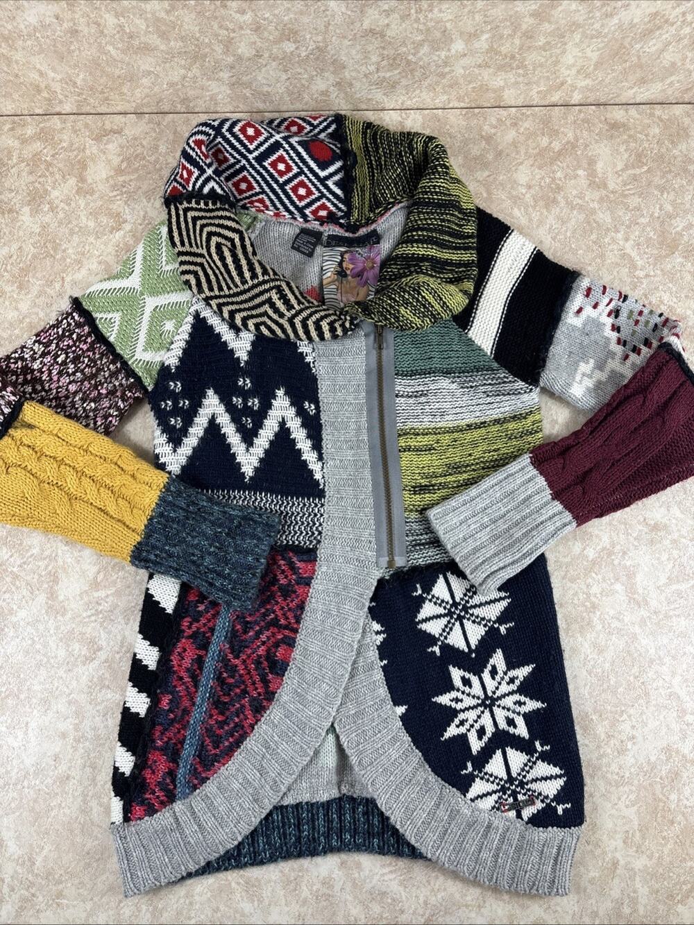 Desigual Why? Multicolor Patchwork Zipper Colorblock Knit Cardigan Size L